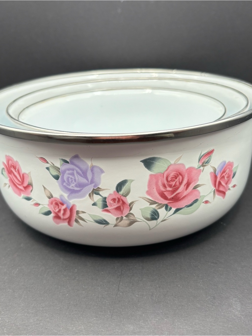 Vintage GMI Enamelware Nesting Bowls Pink Purple Rose Enamel Metal Mixing Set 3